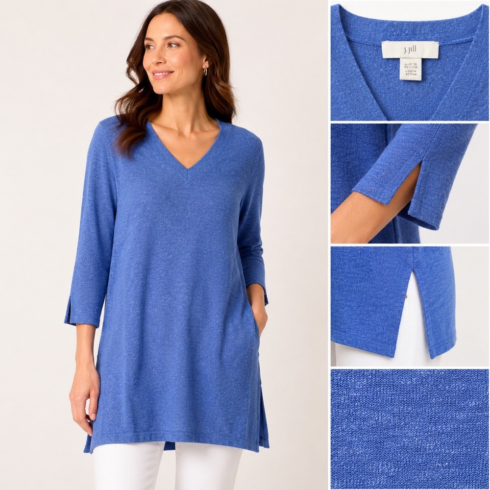 J. Jill Blue Linen Viscose V-Neck Tunic Mini Dress 3/4 Sleeve Petite Small
